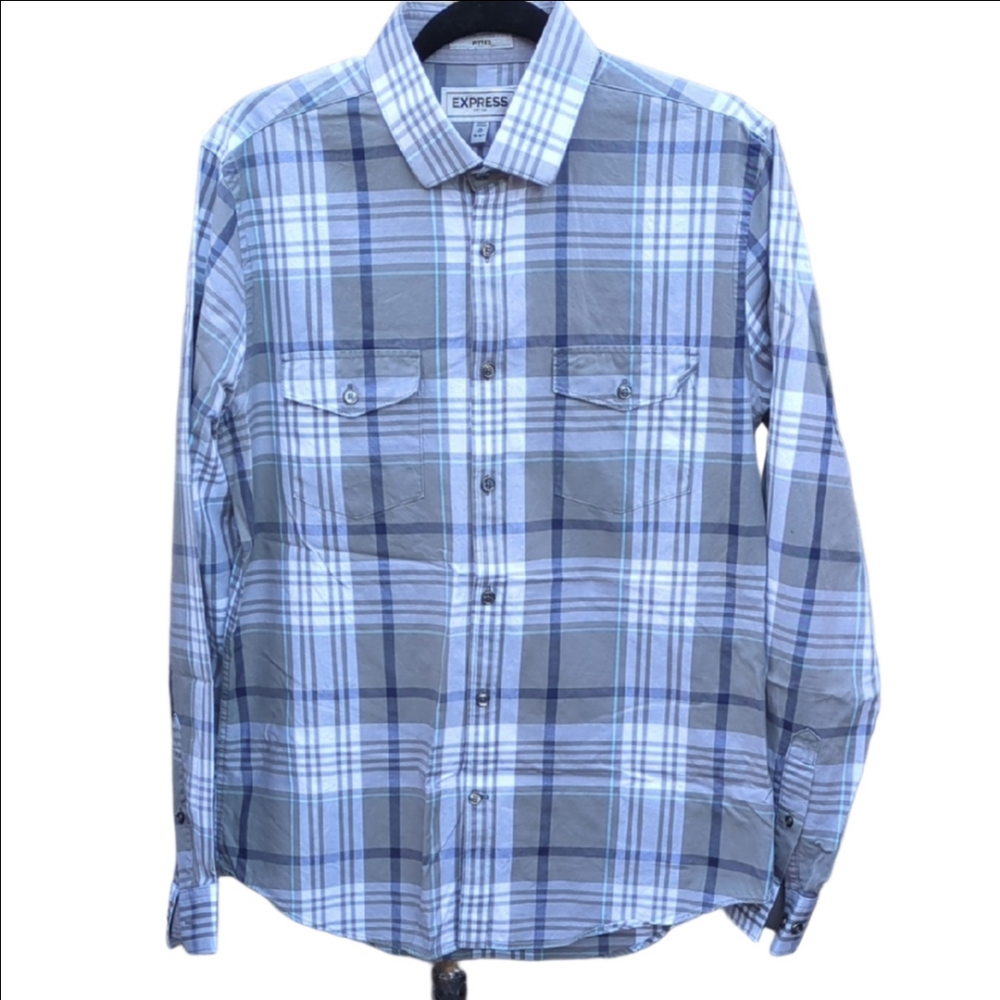 Express Men's Plaid Shirt Blue and Gray